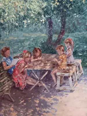Chris van Dijk - Children drawing in the shade of a tree kopen? Bied vanaf 550!