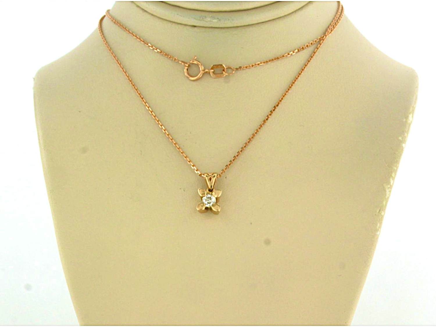 14k rosé gouden collier en solitair hanger met Bolsjewiek geslepen diamant kopen? Bied vanaf 260!