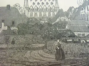 Wijnand Otto Jan Nieuwenkamp - STADHUIS TE VEERE /// HOUTSNEDE VAN W.O.J.NIEUWENKAMP kopen? Bied vanaf 40!