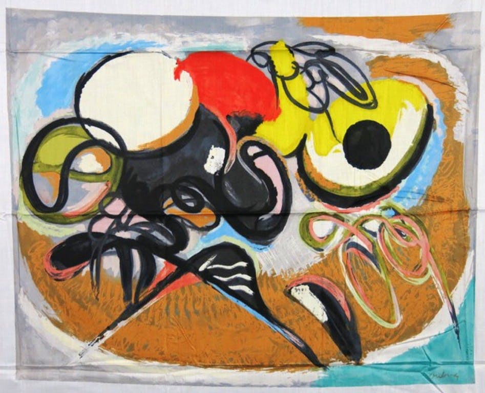 Piet Ouborg - Zeefdruk op katoenzijde, Invaart verkocht voor € 35!