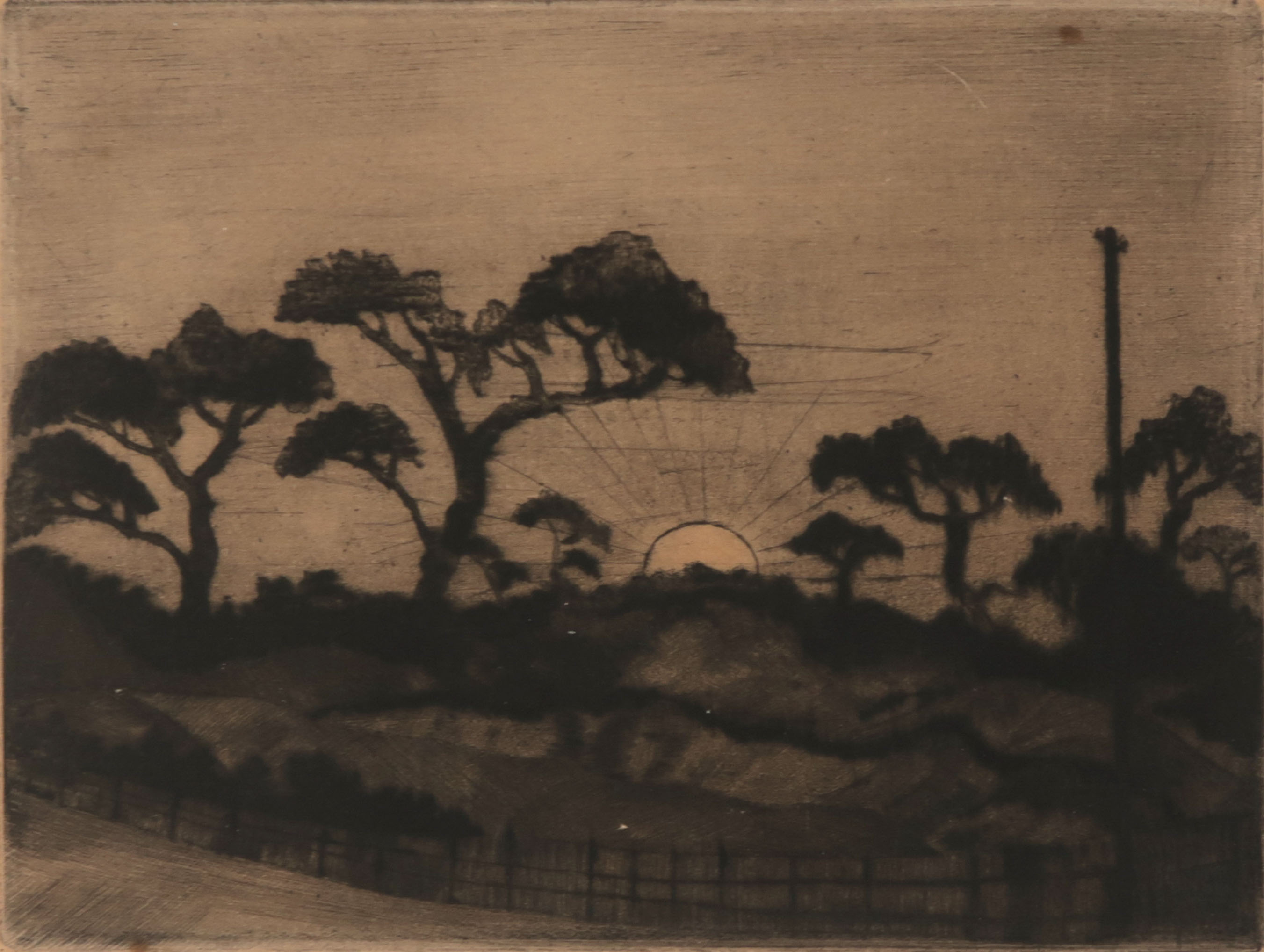 Lodewijk Schelfhout - Ets, Ondergaande zon in heuvelachtig landschap met bomen verkocht voor € 75!