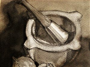 Niet of onleesbaar gesigneerd - Spanje 1973 gestileerd (keuken) stilleven "Vijzel,uien en knoflook" ges. RUEDA kopen? Bied vanaf 1!