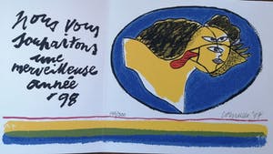 Corneille - Litho, Tekst, " Nous vous souhaitons une merveilleuse annee 1998 ". kopen? Bied vanaf 150!