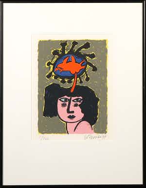 Corneille - Zeefdruk, Femme et chat - Ingelijst verkocht voor € 100!