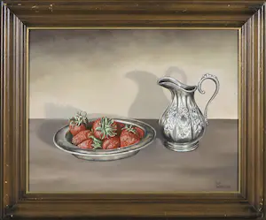 Rob Stoffer - Olieverf op paneel, Stilleven met kan en aardbeien - Ingelijst kaufen? Bieten Sie von 50!