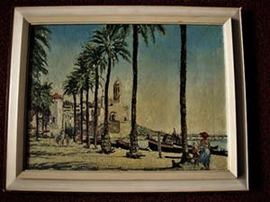 Niet of onleesbaar gesigneerd - omstreeks 1950 geschilderd olieverf "Flaneren boulevard Sitges bij Barcelona" kopen? Bied vanaf 10!