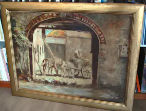 Jacques van Mourik - Binnenplaats met paarden - groot olieverfschilderij kopen? Bied vanaf 295!