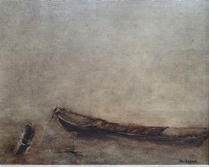 An Biesiot - Aangemeerde roeiboot in leeg landschap kopen? Bied vanaf 50!