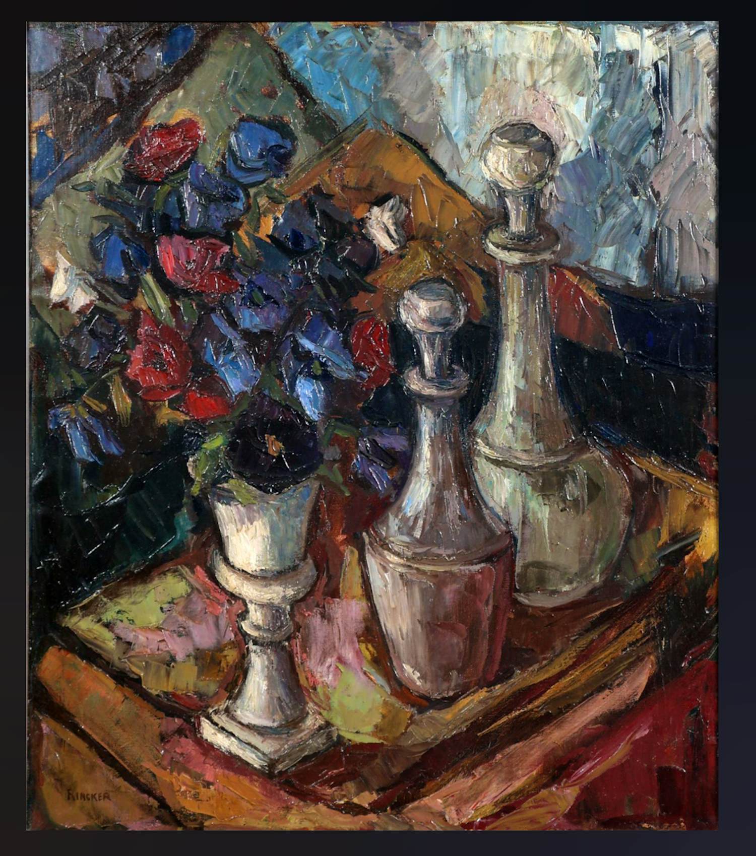 Guus Sundermeijer-Rincker - kleurrijk stilleven met karaffen en bloemen kopen? Bied vanaf 195!