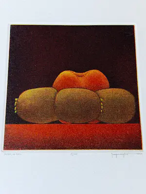 AcheterJoop Vegter - Fraaie kleine mezzotint "Perzik en kiwi's" - kleine oplage - potloodgesigneerd? Enchérissez de 75!