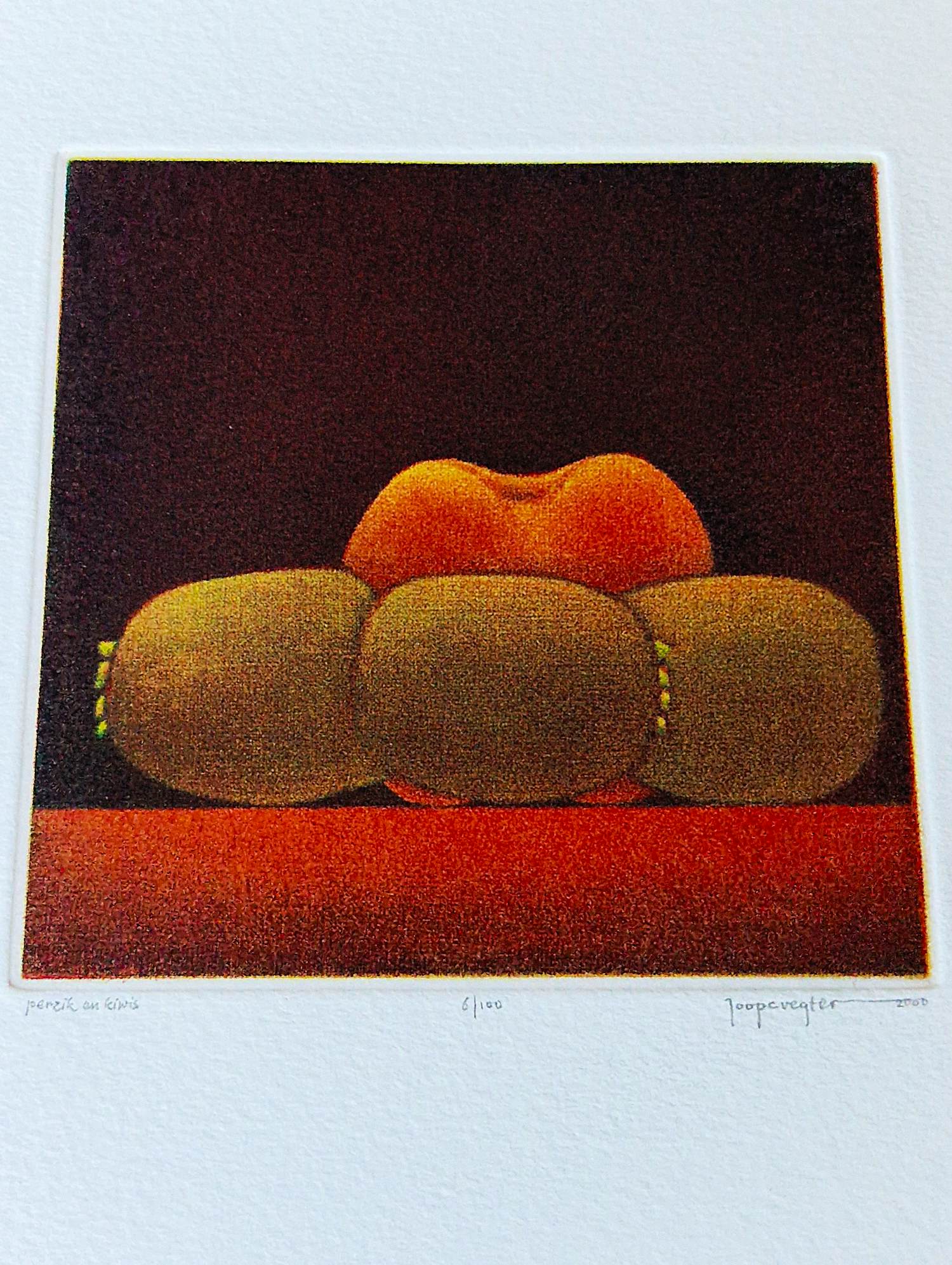 Joop Vegter - Fraaie kleine mezzotint "Perzik en kiwi's" - kleine oplage - potloodgesigneerd kopen? Bied vanaf 75!