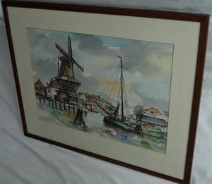 Niet of onleesbaar gesigneerd - Gesigneerd “Belleke ?” , Aquarel - “Molen aan de haven” – ingelijst kopen? Bied vanaf 10!