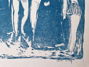 Wim Motz - Jaren 60 - bijzondere blauwe unica linosnede - Nonnen en badgasten - gesigneerd kopen? Bied vanaf 47!