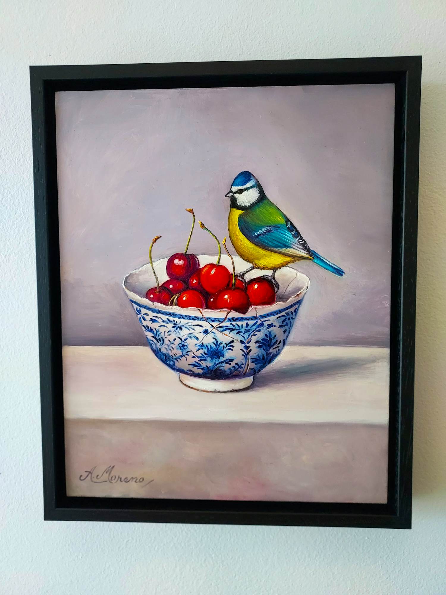 Alfonso Moreno - Stilleven met schaaltje kersen en pimpelmees kopen? Bied vanaf 179!