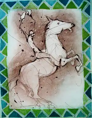 Ronald Tolman - Ets: Man op een steigerend paard zwaaiend met witte vlaggen - 1996 verkocht voor € 125!