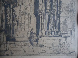 Martin van Waning - Ets met de ingang van een kathedraal. kopen? Bied vanaf 20!