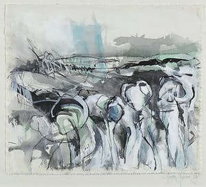 Willemieke Molenaar - Gemengde techniek op textiel, Jong groen tekent - Ingelijst kopen? Bied vanaf 1!