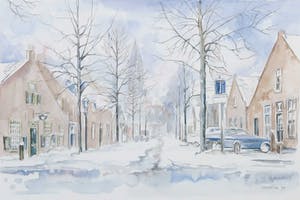 Coraline Backer - Offset, Dorpsgezicht in de sneeuw - Ingelijst kopen? Bied vanaf 1!