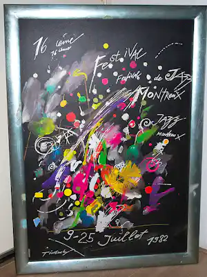 AcheterJean Tinguely - zeefdruk (ook de lijst is gezeefdrukt) - Montreux 1982 - groot 110x80 cm? Enchérissez de 250!