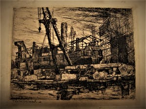 Pieter Hofman - Grafisch meesterwerkje "Dok met schip in aanbouw haven Rotterdam " gesigneerd kopen? Bied vanaf 20!