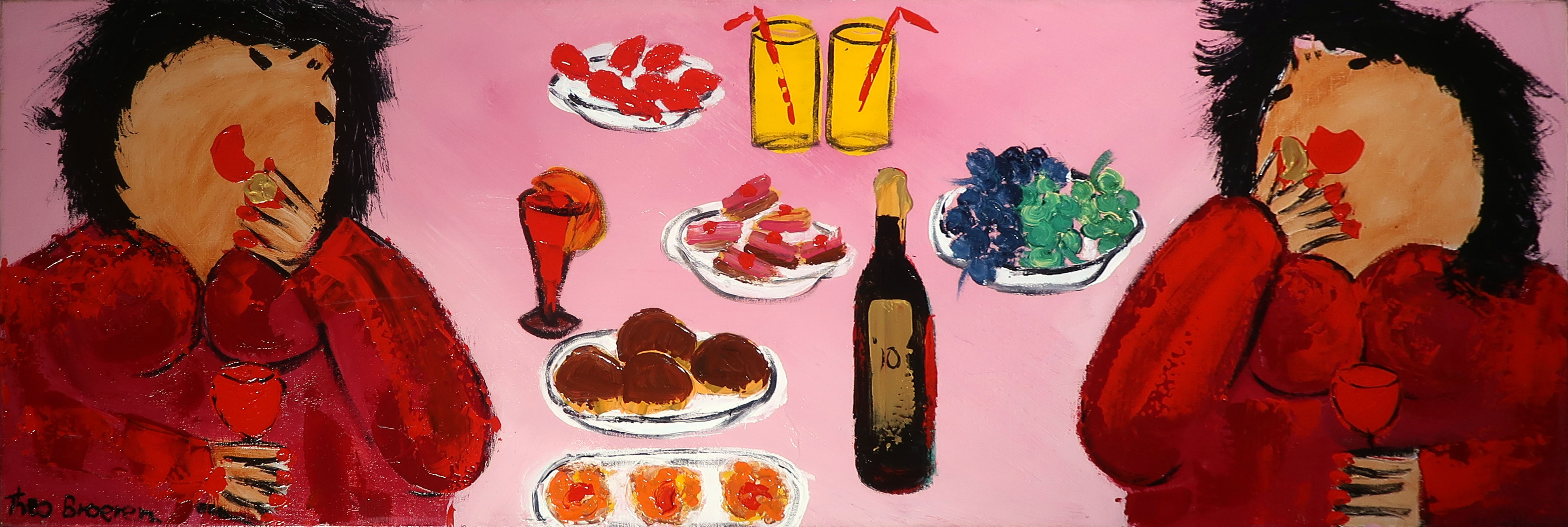 Theo Broeren - Acryl op doek, Even lunchen... (Zeer groot) verkocht voor € 100!