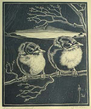 Jan Christiaan Maas - Ingelijste houtsnede , 2 Jonge vogeltjes – 1941 verkocht voor € 1!