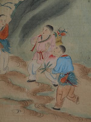 Niet of onleesbaar gesigneerd - Ingelijste gouache op zijde, Japan? China? , Figuren in berglandschap kopen? Bied vanaf 1!