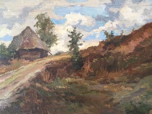 Leonard Pieter Versteeg - olieverf op triplex - huisje op de heide kopen? Bied vanaf 1!