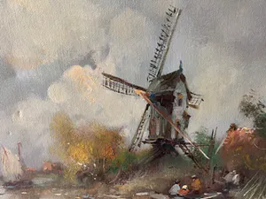 Niet of onleesbaar gesigneerd - Een typisch Hollands polderlandschap met een houten molen kopen? Bied vanaf 1!