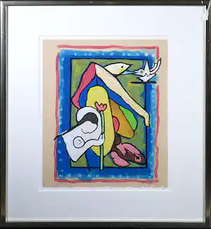 Herman Krikhaar - Kleurenlitho, Figuren en vogels - Ingelijst verkauft für € 80!
