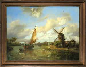 Niet of onleesbaar gesigneerd - Olieverf op marouflé, Rivierlandschap - Ingelijst verkocht voor € 10!