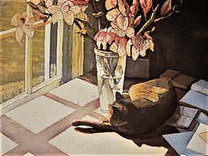 Marcel Schellekens - Meesterlijk Grafiek - Kleuren Ets "Poes op Bureau" - GROOT!! verkocht voor € 145!