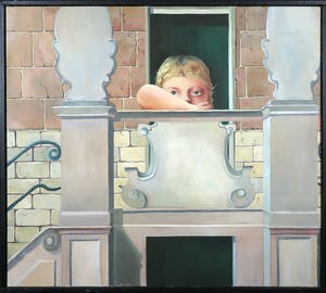 Frans Nicolai - Acryl op doek, Meisje op bordes - Ingelijst kopen? Bied vanaf 100!