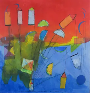 Buy Susan Schildkamp - Acryl op papier, Vliegende huizen - Ingelijst? Bid from 50!