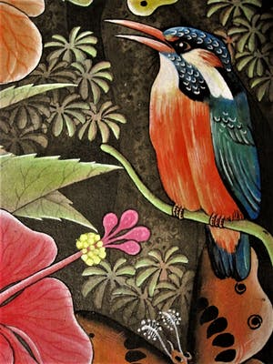 Niet of onleesbaar gesigneerd - Kleurrijk Aquarel Indonesië "Javaanse IJsvogel, Vlinders en Bloemen" gesigneerd kopen? Bied vanaf 10!