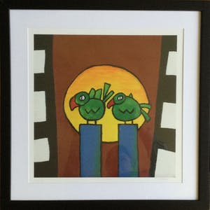 Piet Quekel - Lot van 2 kleurrijke zeefdrukken | Rode vogel & Twee groene vogels (nieuw!) kopen? Bied vanaf 59!