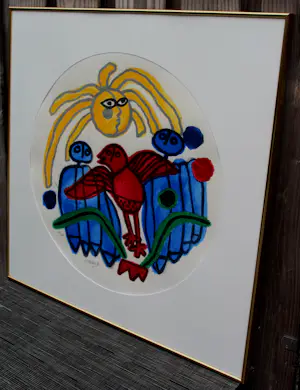 Corneille - Ingelijste zeefdruk: l'Oiseau rouge et soleil- 1990(groot werk!) kopen? Bied vanaf 295!