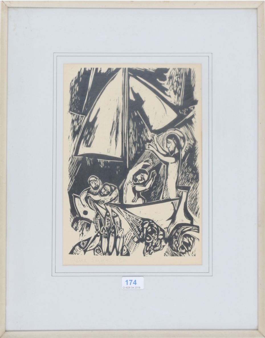 Gene Eggen - Houtdruk, Ingelijst kopen? Bied vanaf 70!