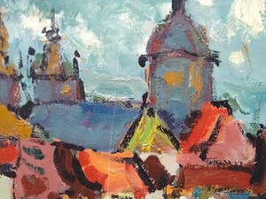 Niet of onleesbaar gesigneerd - Expressionistisch stadsgezicht te Amsterdam kopen? Bied vanaf 10!