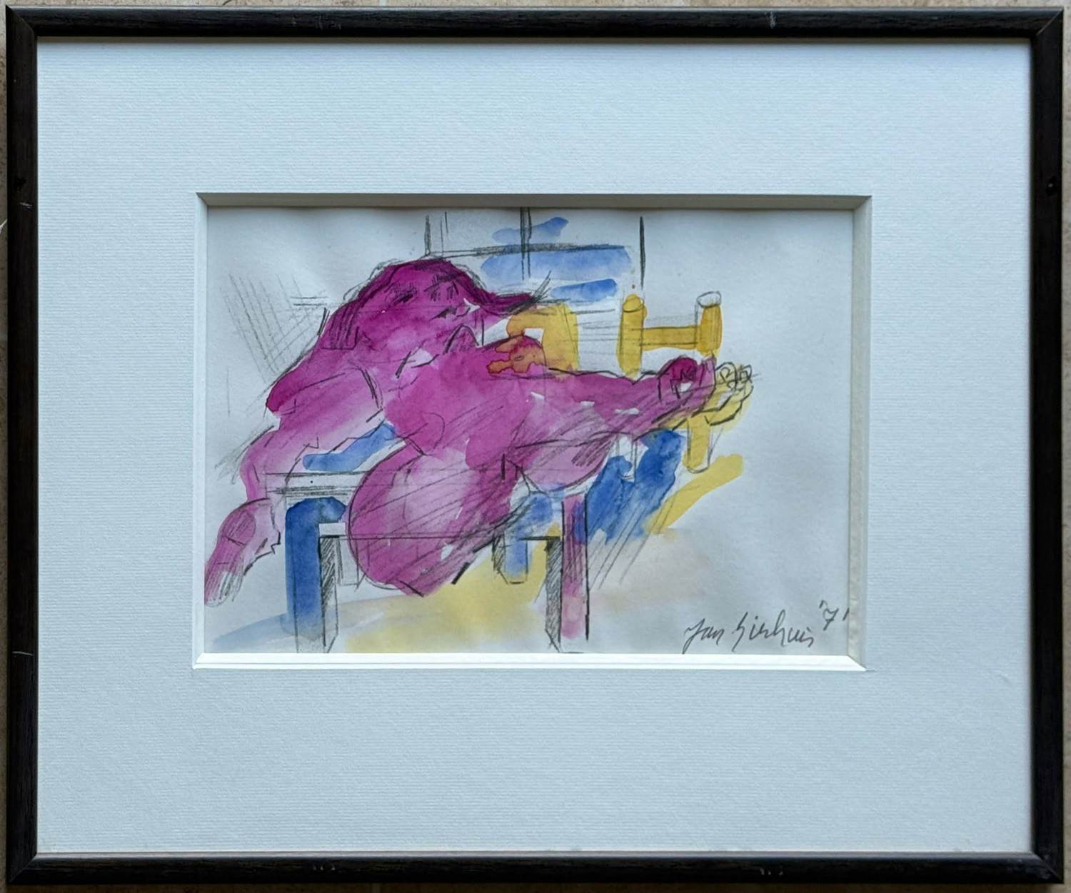 Jan Sierhuis - Houtskool en aquarel op papier: 'Liggend naakt' (1971). kopen? Bied vanaf 180!