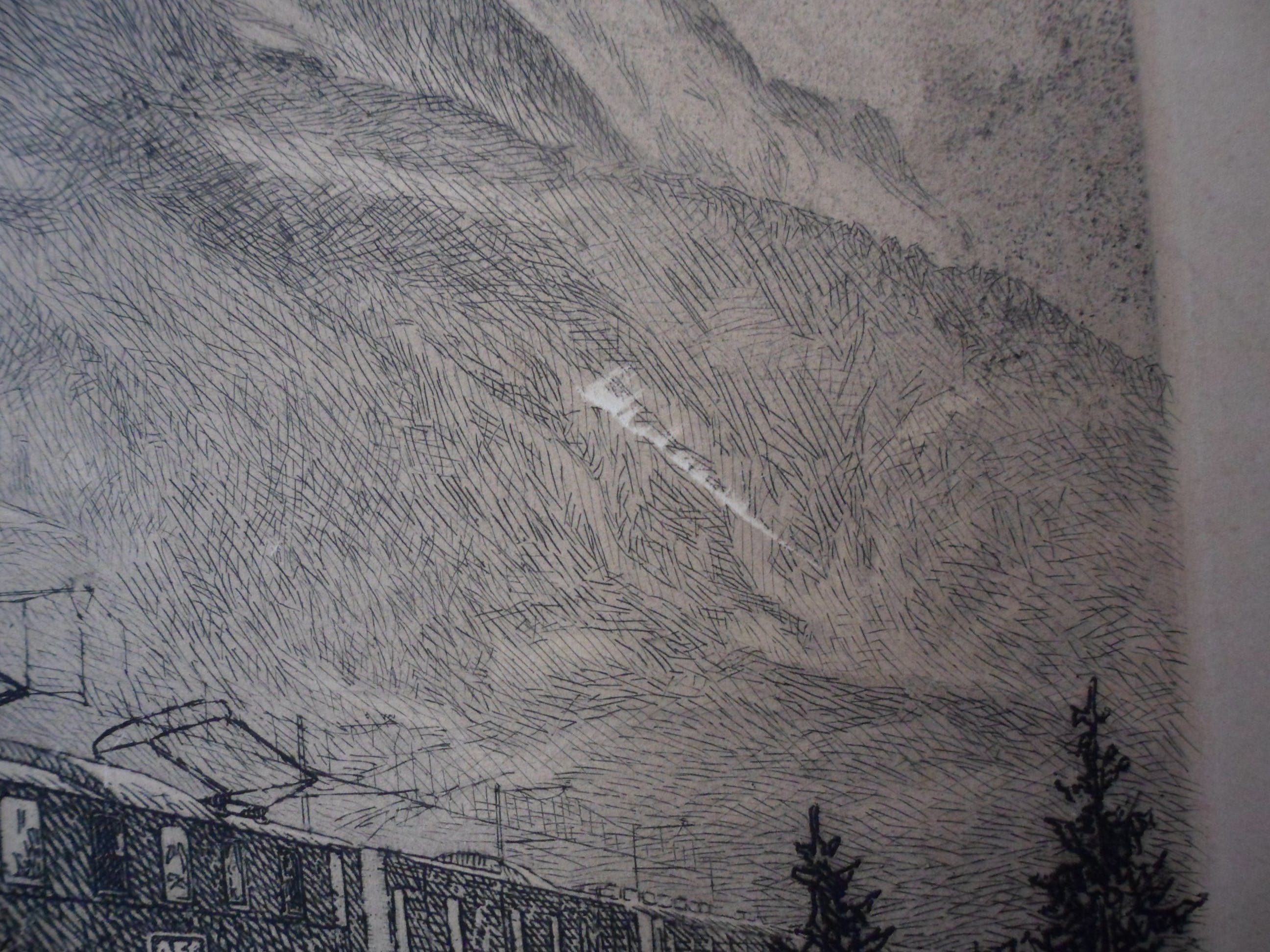 Niet of onleesbaar gesigneerd - Ets van een berglandschap met een trein. kopen? Bied vanaf 1!