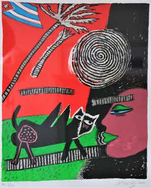 Corneille - Abstracte compositie met Cubaanse vlag, kat en gezicht verkocht voor € 250!