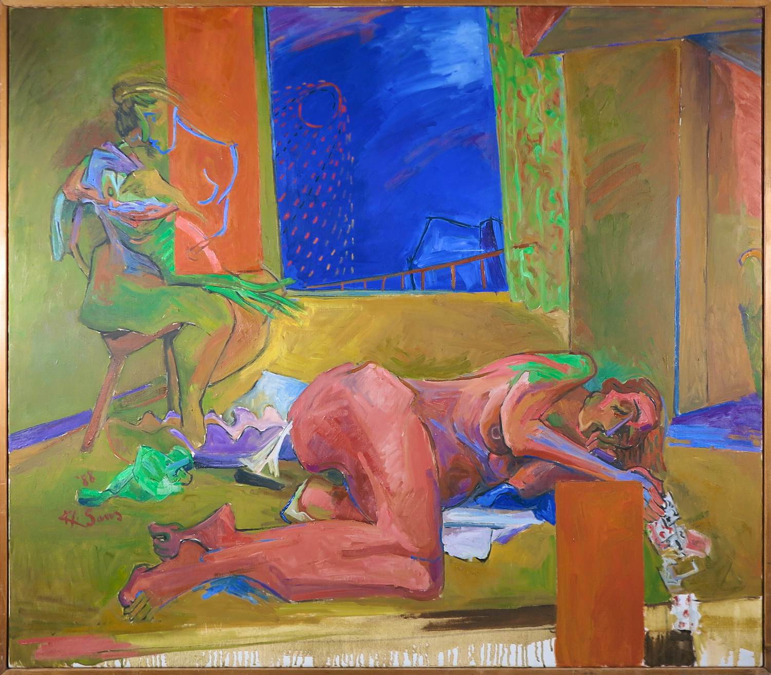 Klaas Sans - Olieverf op doek, Au 27ieme etage... - Ingelijst ( Zeer Groot) verkocht voor € 150!