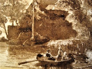 Niet of onleesbaar gesigneerd - ca. 1900 geschilderde Sepia - Haagse School - personen in bootje kopen? Bied vanaf 10!