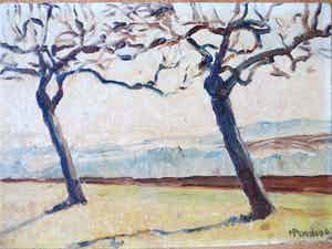 Hildegard Helene Anna Andereija - Duingezicht met bomen - Marouflé verkocht voor € 50!