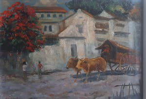 Sujatno Koempoel - Z.T. Straatscene met ossenkar - Geen minimum ! kopen? Bied vanaf 1!