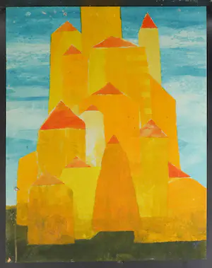 Jan van den Bergh - Monoprint op textiel, Warme stad kopen? Bied vanaf 1!