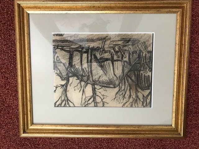 Jan van Eyk - Houtskooltekening van een boerderij/stallen op platte land. kopen? Bied vanaf 250!