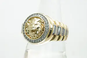 53 - Fraai gedetailleerde 14kt bi-color gouden Leeuwenkop ring kopen? Bied vanaf 370!