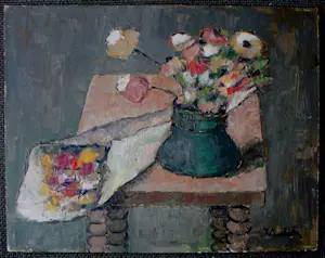 Jan Linschooten - Olieverf op board: Stilleven met bloemen kopen? Bied vanaf 225!